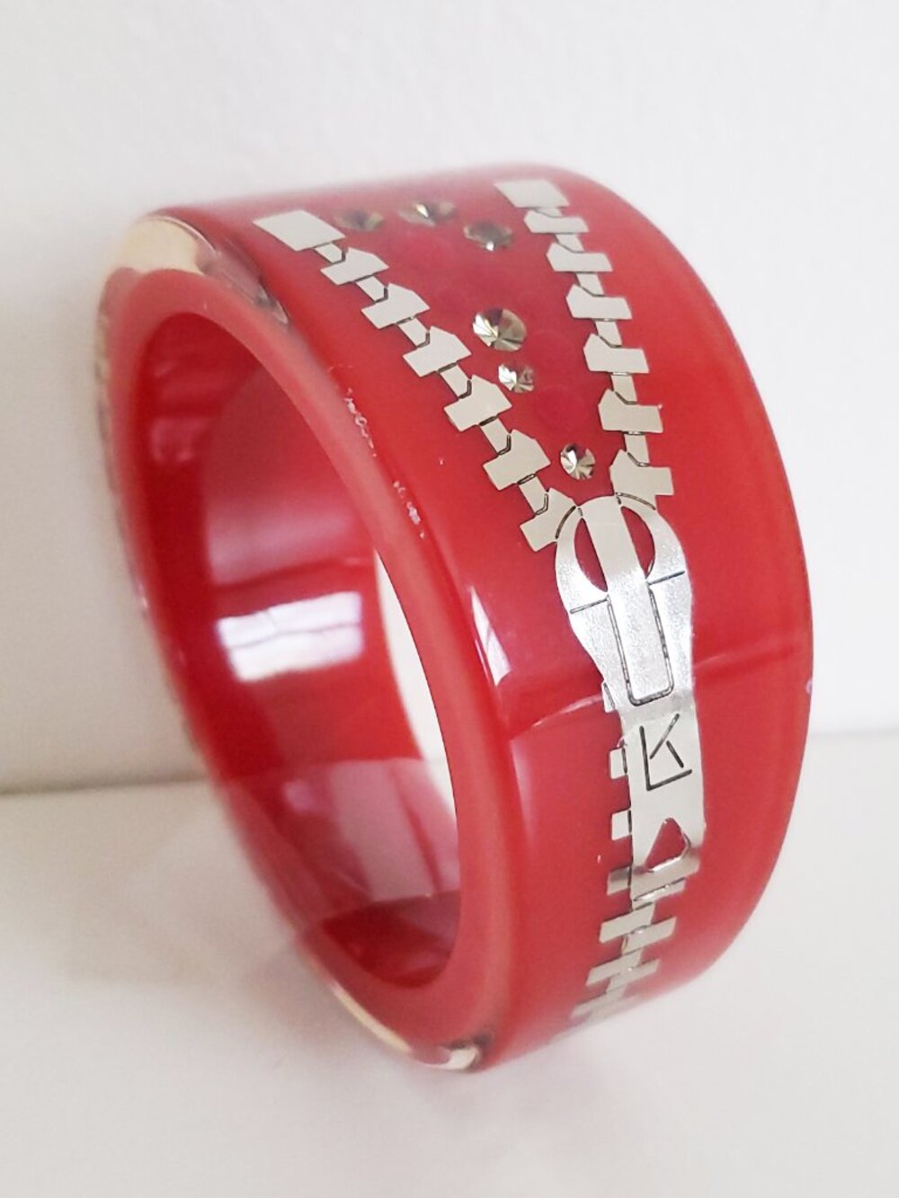 Luc Kieffer Resin Red Marbled Bracelet Silver Zipper Crystal NEW